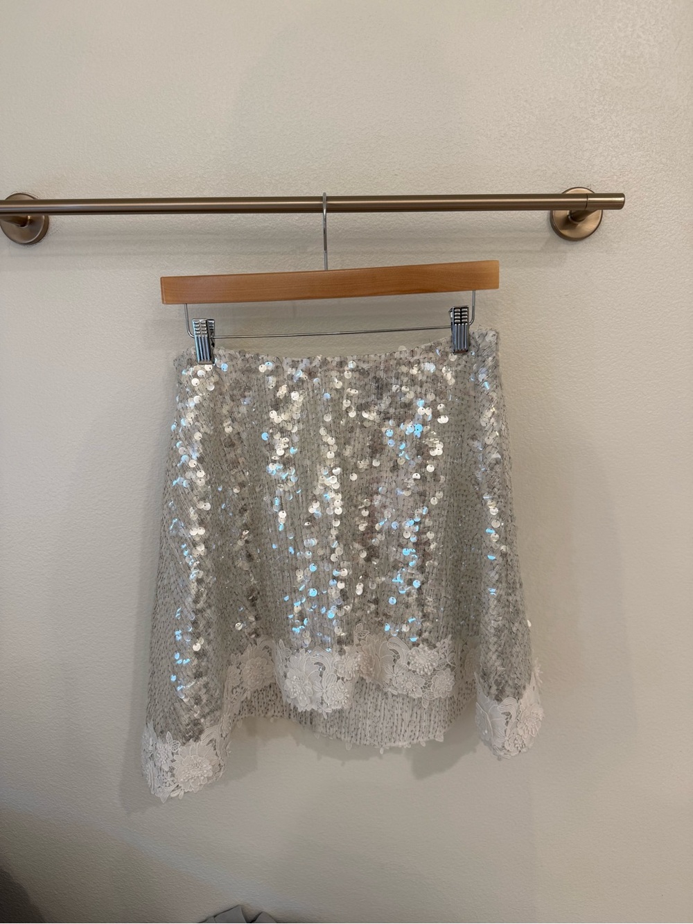 Aknvas Silver Sequin Mini Skirt with Lace Hem